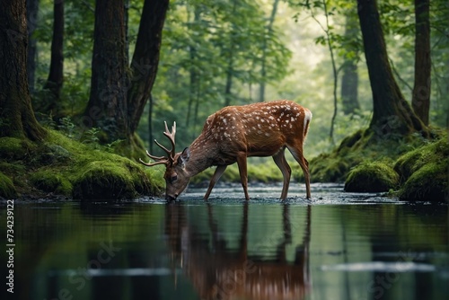 deer is drinking water in the forest