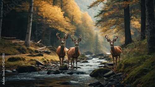 deer standing in a forest next to a stream with rocks in the foreground and trees in the background © LIFE LINE
