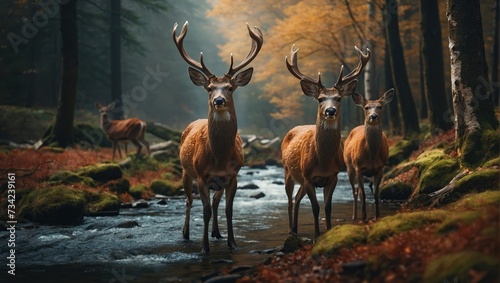 deer standing in a forest next to a stream with rocks in the foreground and trees in the background photo