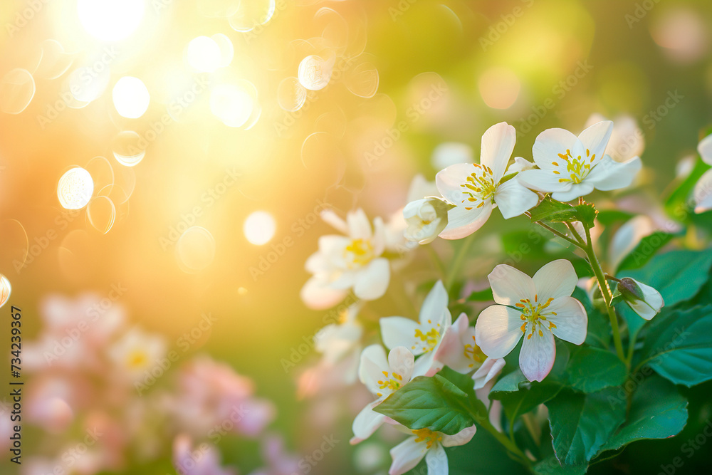 Beautiful white flowers of an apple tree on a branch in the rays of the sun