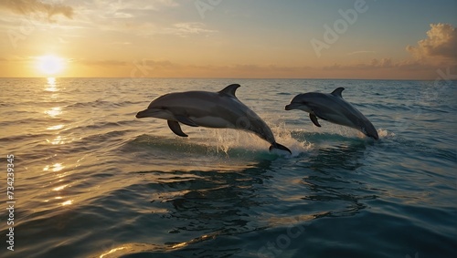 dolphins leaping and playing in the waves, with the golden sun setting on the horizon