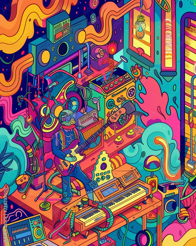 Vivid art fusing electric & acoustic guitars in a psychedelic swirl of neon colors, embodying the soul of music. Vivid art fusing electric & acoustic guitars in a psychedelic swirl of neon colors, embodying the soul of music.