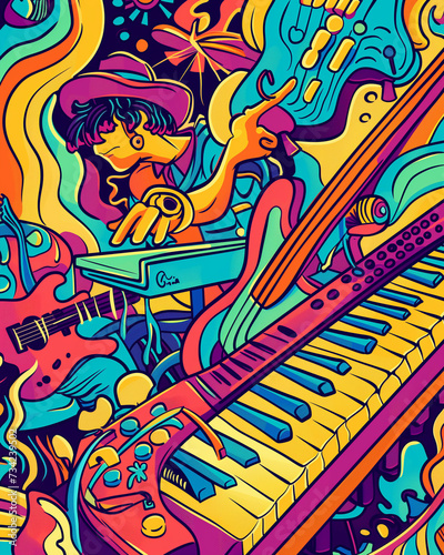Vivid art fusing electric   acoustic guitars in a psychedelic swirl of neon colors  embodying the soul of music.