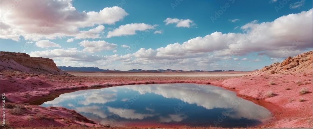  Fantasy landscape of pink desert with lake and round mirror under the blue sky with white clouds