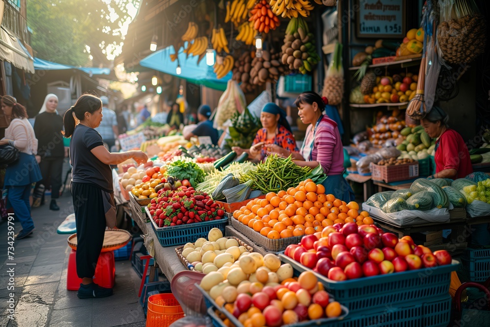 Bustling Street Market Scene, Fresh Produce and Local Vendors in Golden Hour Light