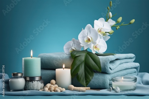  a table topped with candles and flowers next to a stack of folded towels and a vase filled with white orchids on top of a blue cloth next to a candle.