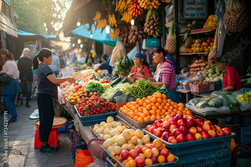 Bustling Street Market Scene, Fresh Produce and Local Vendors in Golden Hour Light © Serge's AI Art