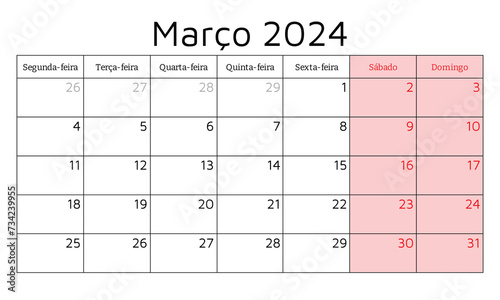March 2024 portuguese calendar. Vector illustration. Monthly planning for business in Portugal