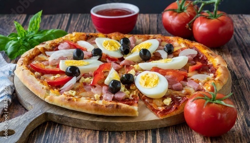 Pizza portuguesa com ovos cozidos, presunto, muçarela, cebola, azeitonas pretas, pimentão e molho de tomate. Comida rápida, pizzaria. Pizza no Brasil. photo