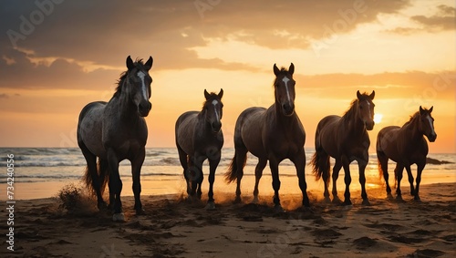 Free horses, left to nature at sunset on beach photo