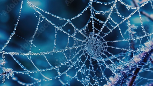  a close up of a spider web on a tree branch with water droplets on the spider's web, with a blurry background of blue and green leaves.