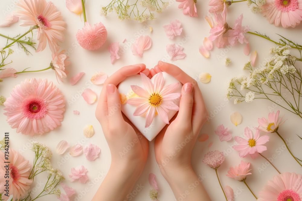 Gift box in shape of heart in female hands on floral background. Feminine hands cradling a flower heart, symbolizing purity and affection. Top view, flat lay Gift box in shape of heart in female hands on floral background. Feminine hands cradling a flower heart, symbolizing purity and affection. Top view, flat lay
