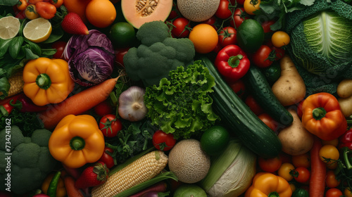 A vibrant, colorful assortment of fresh vegetables including tomatoes, carrots, bell peppers, and leafy greens, representing a healthy and nutritious selection of produce.