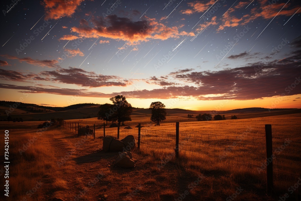 Obraz premium Meteor Shower Bedazzles Night Sky Over Open Field., generative IA