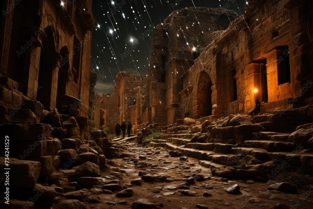 Meteor rain on old ruins creates magical sky., generative IA