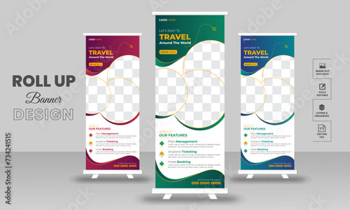 Travel Business agency Roll Up Banner Template presentation, vector layout for tour or travel vacation  purposes.