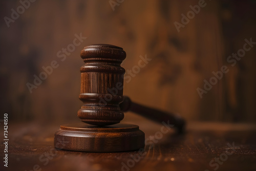 Close-up view of a polished wooden gavel on sounding block, symbolizing legal authority and judgements in a courtroom setting