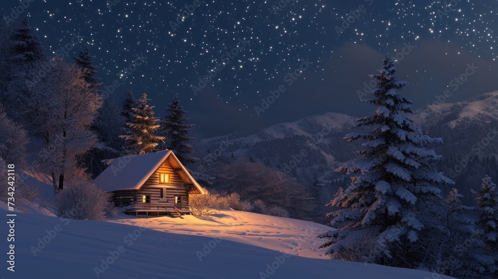  a cabin in the middle of a snowy mountain under a night sky full of stars and a full moon, with trees in the foreground and a cabin in the foreground.