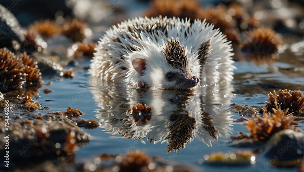 hedgehog carefully navigating tidepools exposed by the receding tide, its curious expression as it investigates the marine life within - obrazy, fototapety, plakaty 
