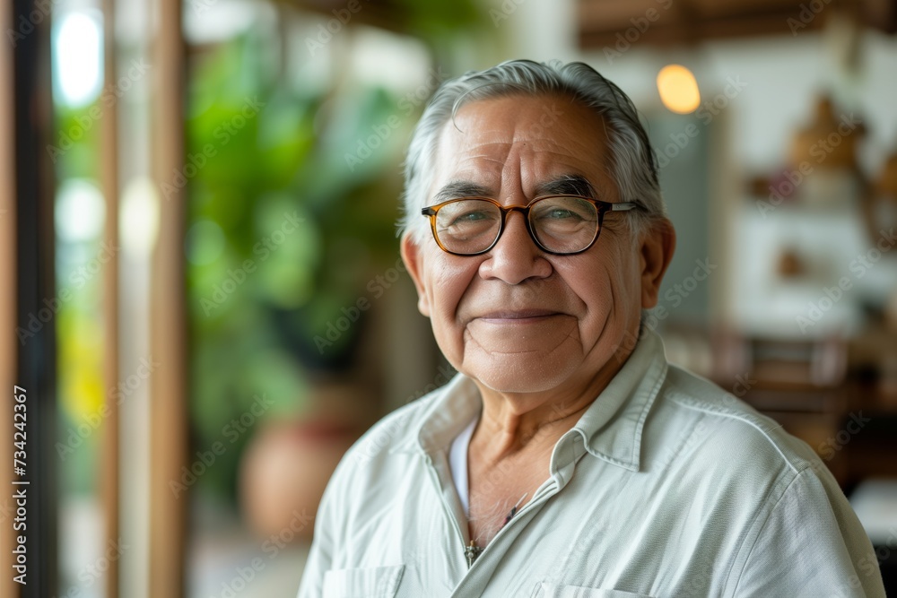 Smiling senior hispanic man posing inside a room looking at the camera Smiling senior hispanic man posing inside a room looking at the camera
