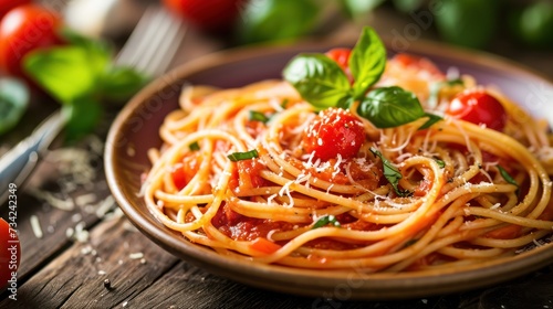  a plate of spaghetti with tomato sauce, basil and parmesan cheese on a wooden table with tomatoes, basil, and parmesan cheese on the side.