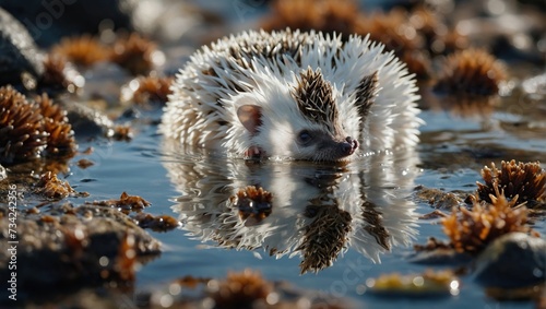 hedgehog carefully navigating tidepools exposed by the receding tide, its curious expression as it investigates the marine life within photo
