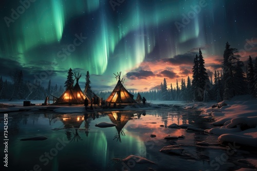 Winter tents illuminated by the boreal dawn., generative IA