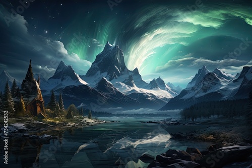 Aurora Boreal illuminates Nordic city by the fjord., generative IA