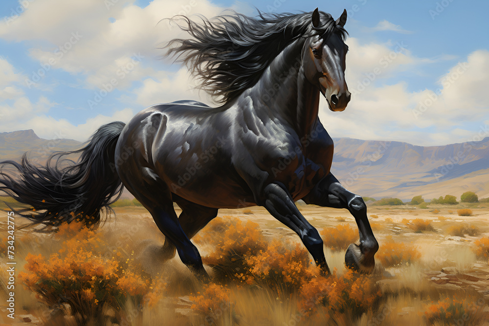 black horse running in the field black horse running in the field