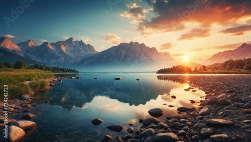  Impressive summer sunrise on lake with mountain rang