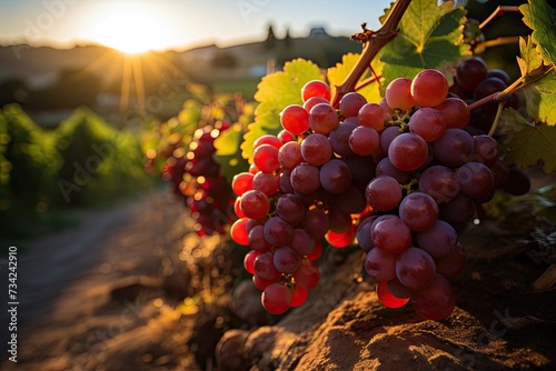 Exuberant vineyards loaded with mature grapes in a serene winery., generative IA photo