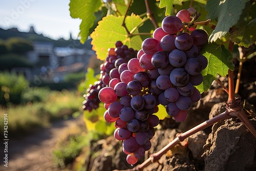 Exuberant vineyards loaded with mature grapes in a serene winery., generative IA photo
