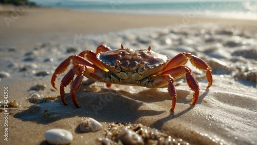  crab scuttling along the beach, its shell glinting in the sunlight as it explores the sandy shoreline