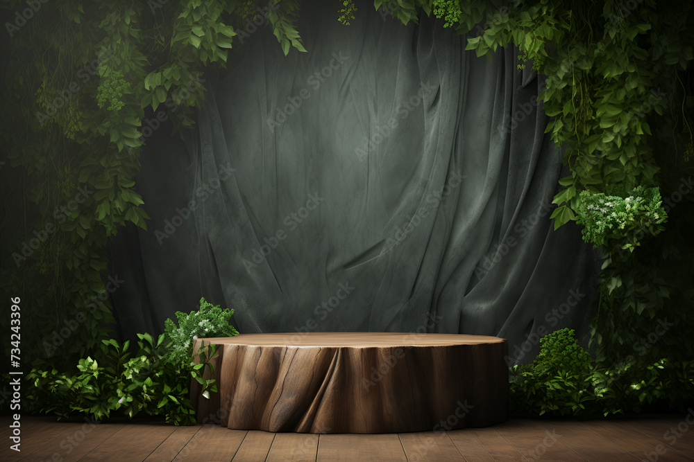 Naklejka premium wooden round empty product stage with copy space, black rock background, environmentally friendly, 