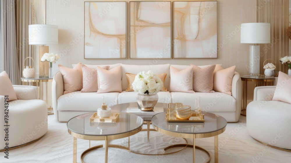 Elegant Blush Pink Sofa Living Room Interior with Abstract Art Elegant Blush Pink Sofa Living Room Interior with Abstract Art