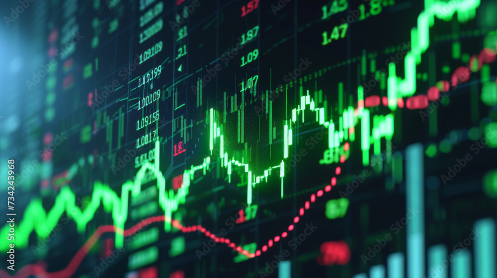 digital graphical representation of a stock market with fluctuating graphs, numerical data, and upward and downward trends, indicating financial analysis or stock trading activity. digital graphical representation of a stock market with fluctuating graphs, numerical data, and upward and downward trends, indicating financial analysis or stock trading activity.