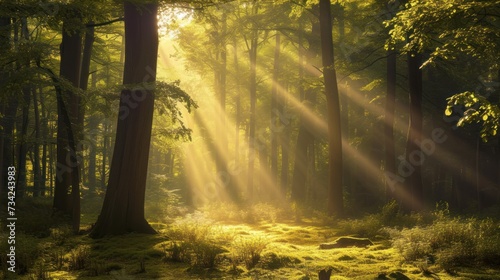  the sun shines through the trees in a forest filled with green grass and tall, leafy trees in the foreground, while the sun beams of light shine through the trees in the background.