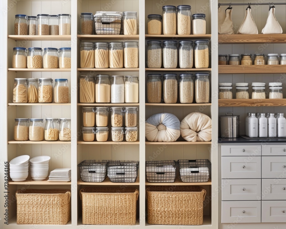 Order in the Kitchen: Neatly Labeled Jars and Wicker Baskets on Wooden Shelves