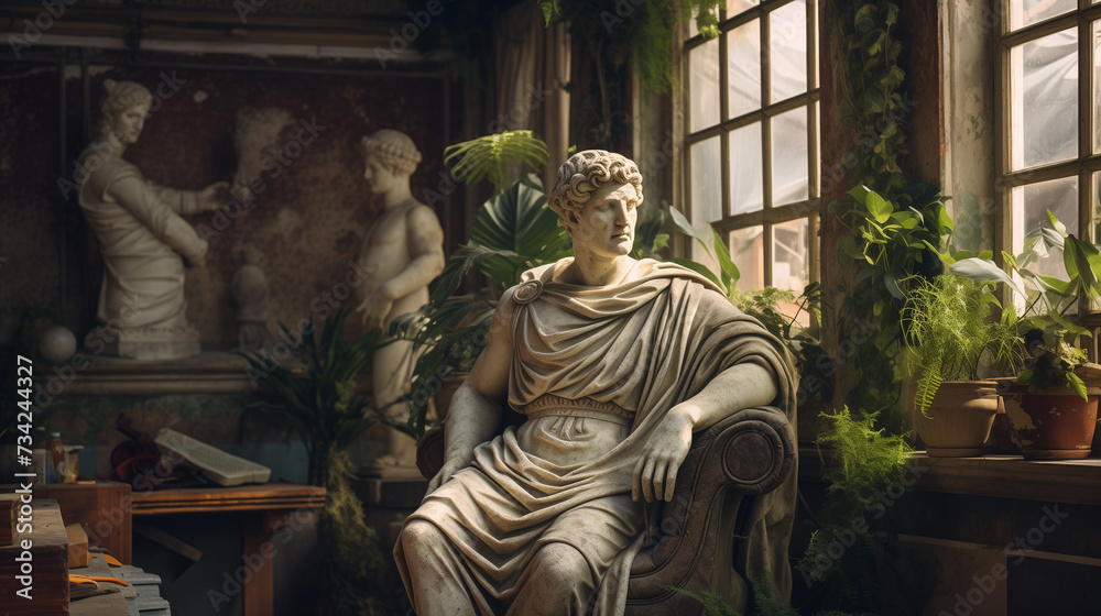 Julius Caesar statue in ancient Rome, stoned statue on a roman background. Gaius Iulius Caesar - obrazy, fototapety, plakaty 