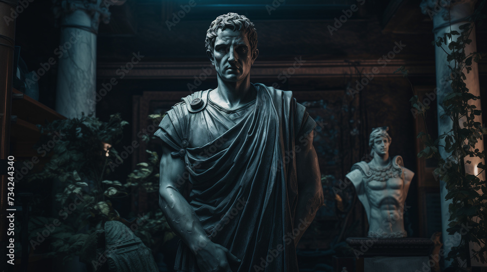 Julius Caesar statue in ancient Rome, stoned statue on a roman background. Gaius Iulius Caesar
