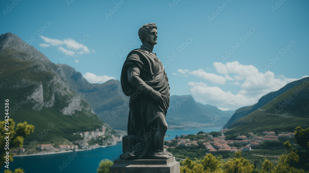 Julius Caesar statue in ancient Rome, stoned statue on a roman background. Gaius Iulius Caesar