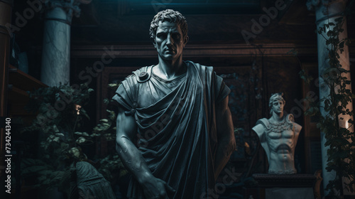 Julius Caesar statue in ancient Rome, stoned statue on a roman background. Gaius Iulius Caesar