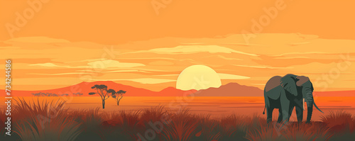 Elephant on a beautiful African savanna landscape at sunset, panoramic view, illustration generated by ai © emilio100
