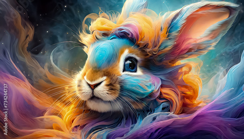 Visage d'un lapin tête de lion avec des ondulations colorées
