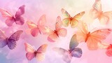  a group of multicolored butterflies flying through a blue, pink, and pink sky with a white cloud in the middle of the picture and bottom right corner of the image.