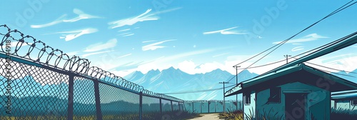 The Dichotomy of Peace and Division: A View of the Demilitarized Zone (DMZ) with Barbed Wire and Distant Mountains - A Thought-Provoking Illustration Reflecting on Borders and Nature photo