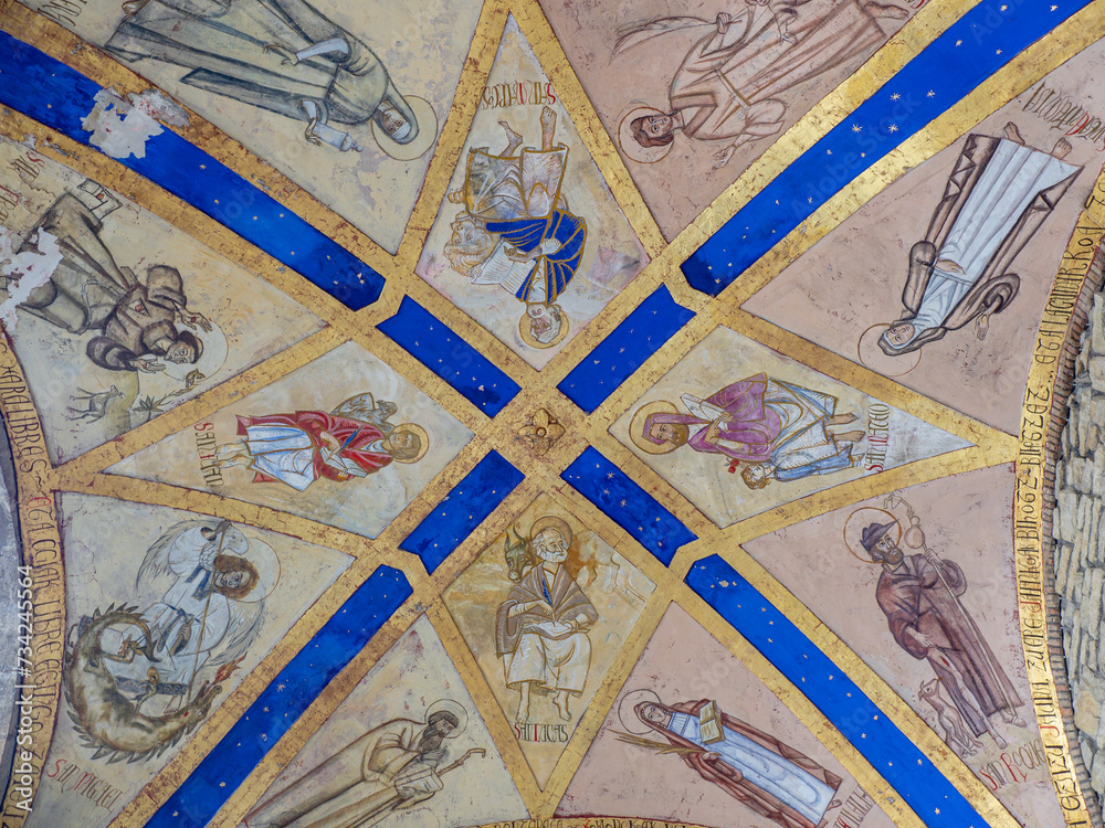 evangelists and the eight hermitages of Artziniega, 20th century mural painting, Parish Church of Our Lady of the Assumption, Artziniega, Alava, Basque Country, Spain