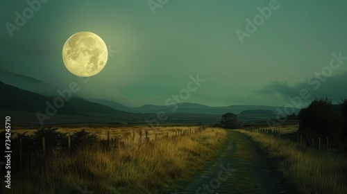 a painting of a full moon in the sky above a grassy field with a path leading to a field with tall grass and trees on either side of the road.