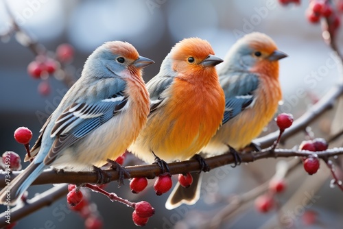 Vibrant birds heat up in snowy branches., generative IA