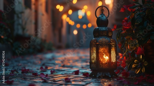 eid al fitr eve holiday background with lantern decor photo